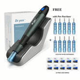 Dr. Pen A20 with charging stand and box, plus free gifts: 10 extra 42-pin cartridges and 10 Medipal skin wipes