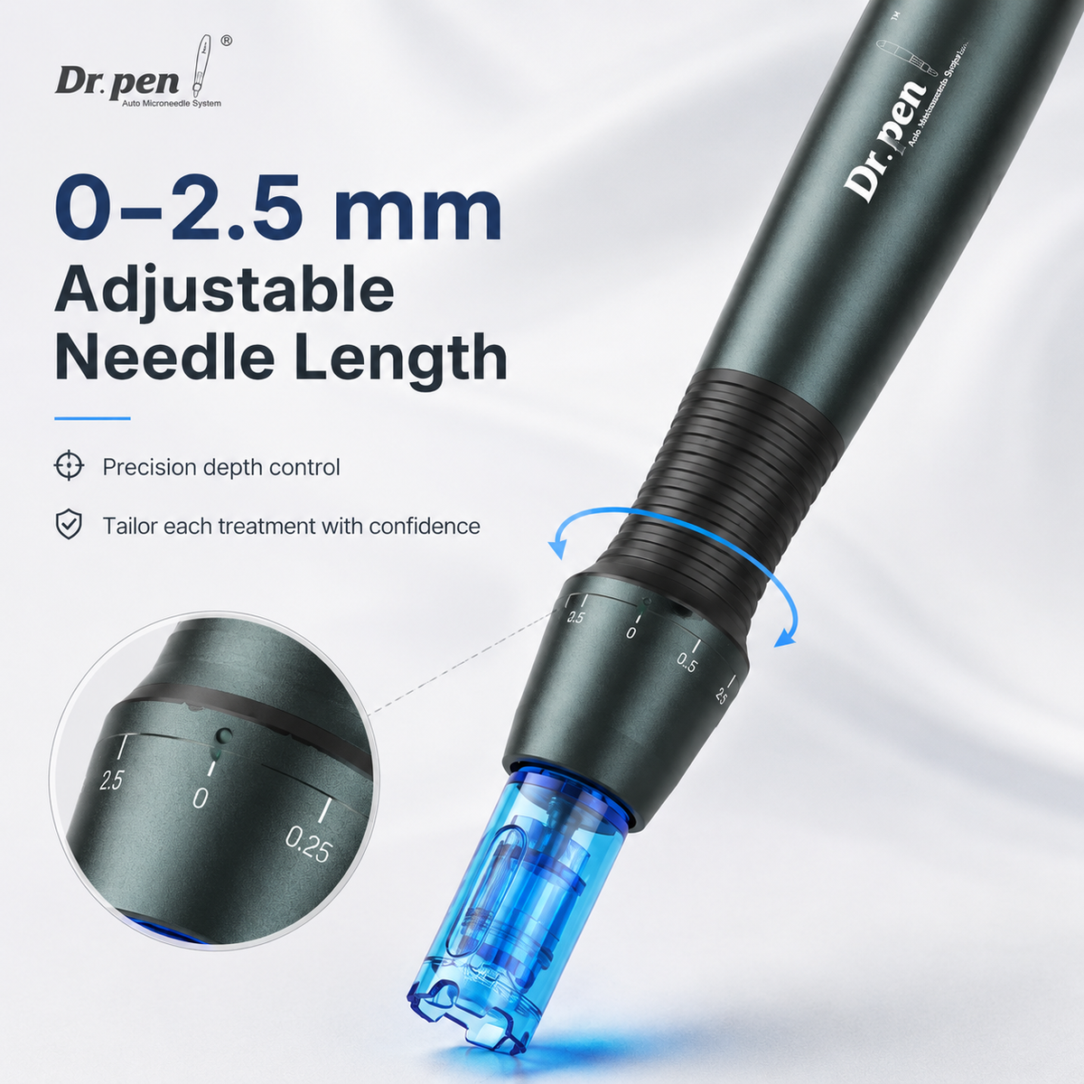 Dr. Pen A20 adjustable needle depth from 0 to 2.5 mm